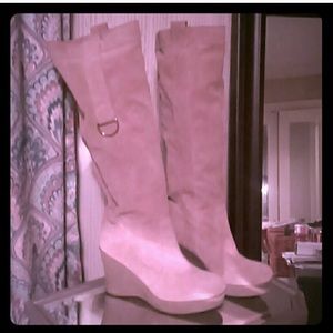 Beige suede knee high wedge boot